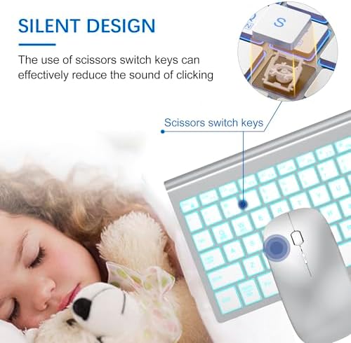 Wireless Backlit Keyboard and Mouse Ultra Slim Combo, TopMate -Silver White
