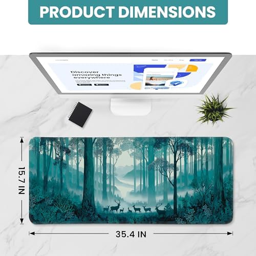 Aesthetic Desk Mat, Cute Deer Forest Desk Pad Protector for Work & Decor, 35.4" x 15.7", Pretty Non-Slip Extended Mouse Pad for Office or Home