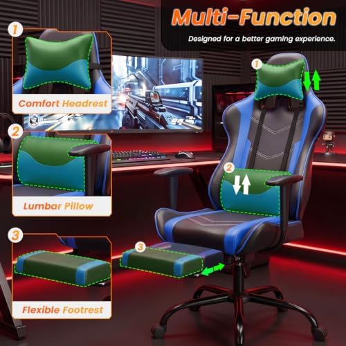 BestOffice Massage Gaming Chair with Footrest, Office Desk Chair, Blue