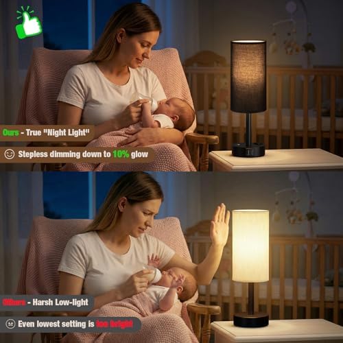 Black Touch Bedside Lamp for Bedroom, Stepless Dimmable, USB A+C, AC Outlet