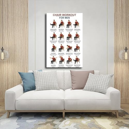 Tai Chi Chair Workouts for Men Chair Exercise Chart Home Workout Plan Canvas Poster Wall Art for Living Room Bedroom Decor Frame 20x30inch