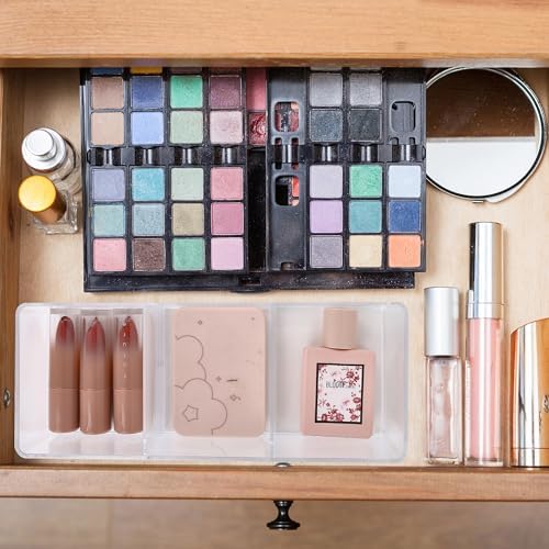 Stackable Clear Drawer Organizers Small Makeup Vanity Storage Bins Trays and Office Desk Drawer Dividers Triple Compartments 2 Pack