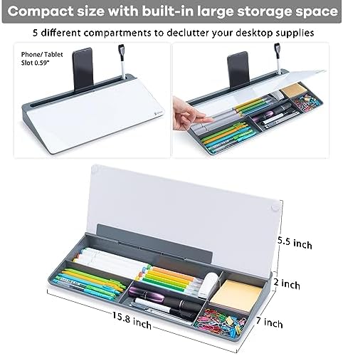 Varhomax Glass Desk Whiteboard with Storage, Desktop Organizer to-do List Memo Notepad Dry Erase White Board for Home Office and School Supplies (Gray)
