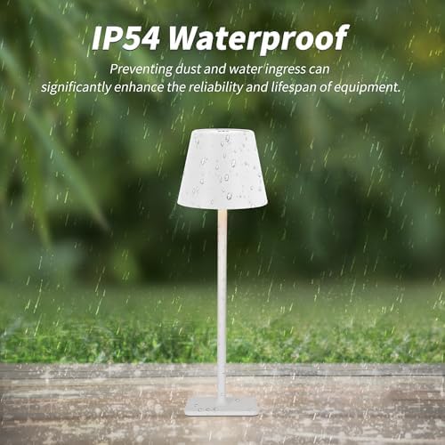 Mr. White Outdoor Waterproof Cordless Set of 2 Rechargeable Portable Top Touch Battery Operated Powered LED Table Lamp Desk Lamp Lights for Restaurant Kitchen Patio Dinner Dining (White 2 Pack)