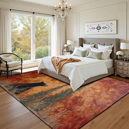 Nature Inspired Bear Pine Scene Warm Earthy Tones Area Rug Outdoor Patio Rug Play Mat Modern Floor Carpet Non-Slip Home Decor Living Room Kids Bedroom Nursery, 9x12 ft
