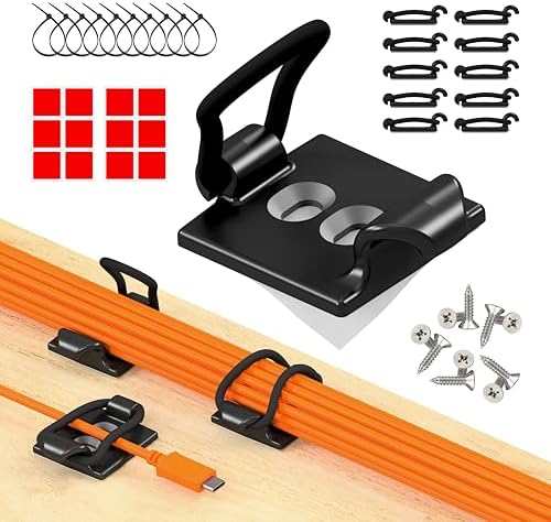 [Made in the UK] 10-Pack Adjustable Elastic Adhesive Cable Clips, Wire Management Holder, Cord Organizer for Home Office, Under Desk, Behind TV, Phone Charger, Laptop, PC, HDMI, USB (Black)