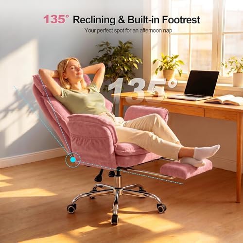 Office Chair with Flip Armrests & Foot Rest,Criss Cross Legged Home Office Desk Chair with Pet Seat,Ergonomic Reclining Computer Gaming Chair,High Back Executive Chair with Lumbar Pillow (Pink)