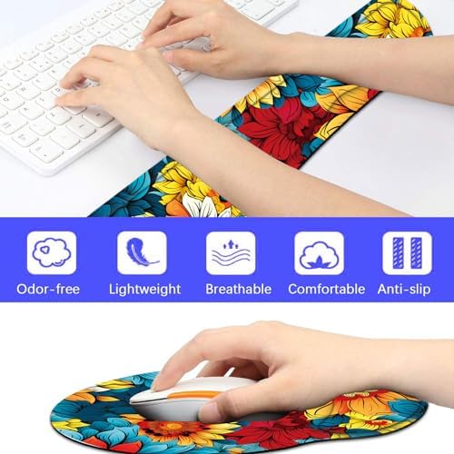 Keyboard Wrist Rest and Mouse Pad Wrist Support Set with Coaster,Ergonomic Mouse Pad,Comfortable for Easy Typing, Pain Relief,Memory Foam Keyboard Pad Set for Laptop Mac,Colorful Petals