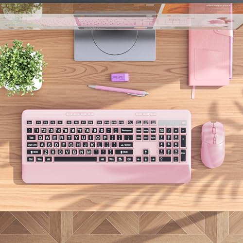 KOPJIPPOM Wireless Keyboard and Mouse Set with Quiet Keys, 2.4G Full Size Ergonomic Keyboard with Wrist Rest, Protective Covers, Soft Touch Silent Design for Windows, Computer, PC and Laptop