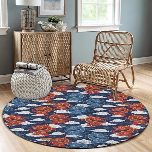 Large Home Decor Mat, Soft Round Yoga Carpet, Non Slip Machine Washable Kitchen Office Circle Rug Cool Japanes Dragons, 60inch