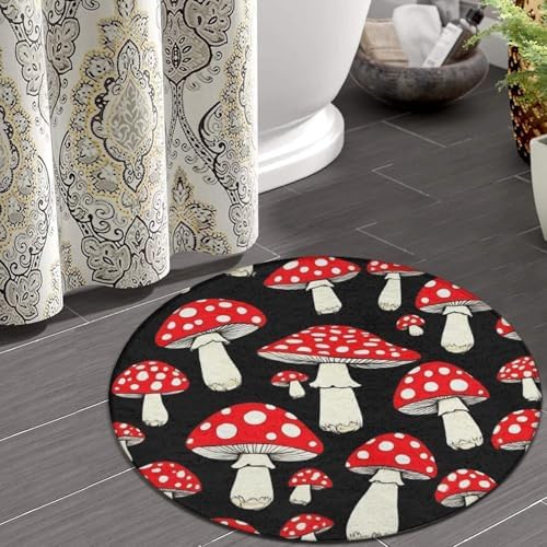 Large Home Decor Mat, Soft Round Yoga Carpet, Non Slip Machine Washable Kitchen Office Circle Rug Black Red Mushroom Lovers