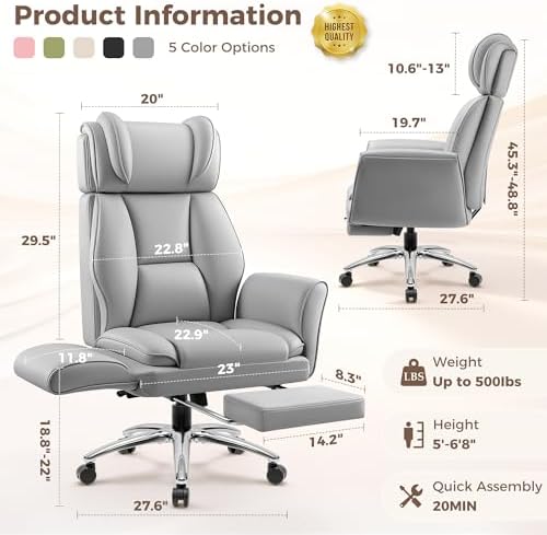 Big and Tall Office Chair, Flip Armrests for Cross Legged Sitting, Ergonomic Leather Executive Desk Chair with Foot Rest, High-Back Reclining Computer Chairs for Office Home Game - Light Gray
