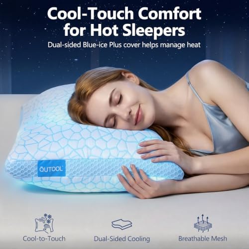 QUTOOL Enhanced Cooling Pillows for Sleeping, CertiPUR-US Shredded Memory Foam Pillows Queen Size Set of 1 for Hot Sleeper, Adjustable Bed Pillow for Side, Back, Stomach Sleepers Support Yet Soft Blue