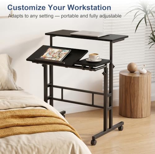 VECELO Mobile Small Standing Desk Adjustable Height, Computer Workstations with Tiltable Tabletop, Lockable Wheels, Portable Rolling Laptop Desk for Home Office, Black