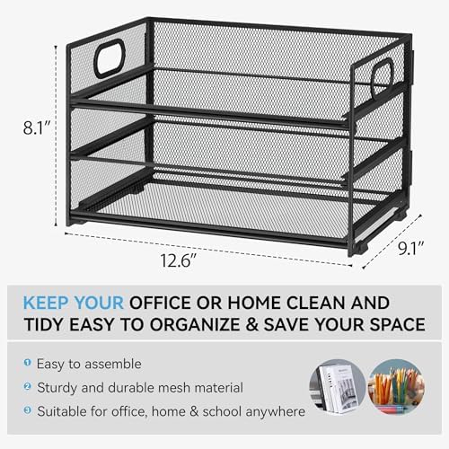Subekyu 3 Tier Paper Letter Tray Organizer for Desk, Black Metal Mesh Desk File Folder Sorter Organizer with Handle and Sliding Tray for Home, Office, School Supplies Organization Storage
