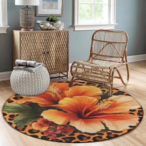 Highly Premium Quality Floor Mat, Office Chair Decor Mat, Room Sofa Yoga Soft Round Carpet Orange Yellow Flower Floral Cheetah Leopard Print, 36inch