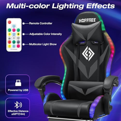 RGB Gaming Chair with Massage & Footrest Racing Style Computer Chair-Grey