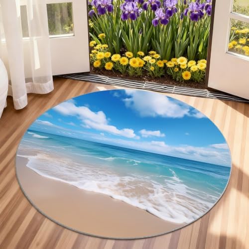 Ocean Theme Round Rug - 6ft Washable Ocean Round Area Rug for Living Room, Natural Landscape Circle Rugs Soft Non-Slip Carpet for Bedroom Dining Table Decor Mat