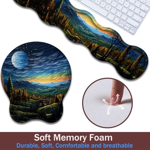 Keyboard Wrist Rest and Mouse Pad Wrist Support with Lace-Shaped Coaster Set, Ergonomic Gel Memory Foam and Anti-Slip Base, Easy Typing and Pain Relief - Art Moon Starry Night