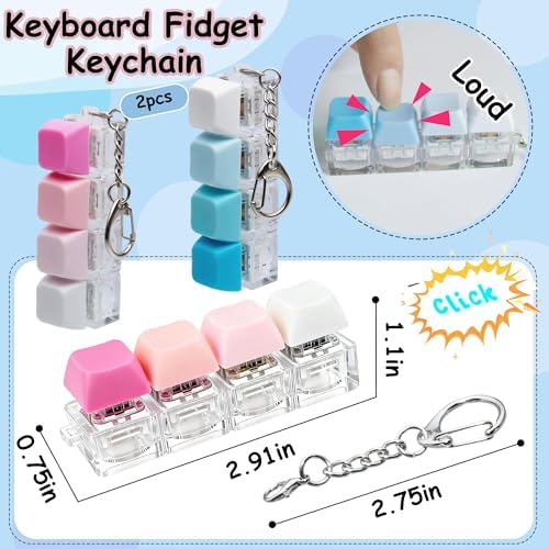 2 PCS Keyboard Fidget Toy, Keyboard Fidget Keychain 4-in-1 Keyboard Decompression Button Finger Clicker Toys, Button Stress Relief Fidget Gifts to Relief Stress (Blue Pink)