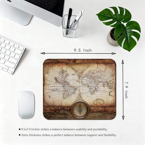 9.5x7.9 Inch Office/Gaming Mouse Pad, Nostalgic Vintage World Map & Brass Compass Antique Nautical Exploration, Cute Anti-Slip Mat for Desk Decor