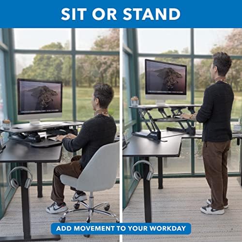 Mount-It! Corner Standing Desk Converter | Height Adjustable 43” Wide Desktop | Corner Stand Up Desk with Gas Spring Handle | Stand Up Computer Workstation with Ergonomic Keyboard Tray | Black