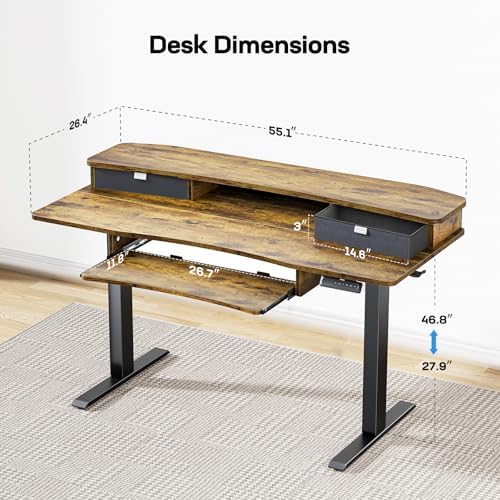 HUANUO 55" x 26" Electric Standing Desk, 2 Drawers & Keyboard Tray, Vintage