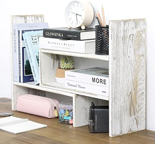 MyGift Adjustable Whitewashed Solid Wood Desktop Storage Organizer Display Shelf Book Rack, Office Desk Bookshelf