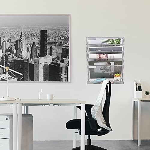 EASEPRES Desk File Organizer Mesh 6-Tier, Hanging Wall Mount Document Organization Stand, Desktop Vertical Mail Paper Folder Holder Rack with Bottom Tray for Office Home Cubicle Countertop, Silver