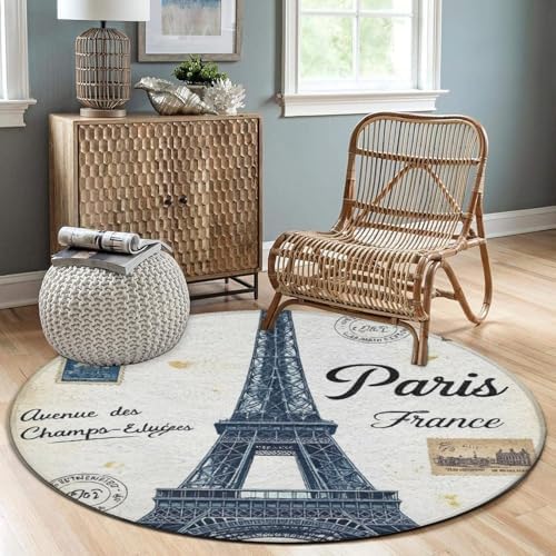 Men's Large Home Decor Mat, Soft Round Yoga Carpet, Non Slip Machine Washable Home Office Circle Rug Eiffel Tower
