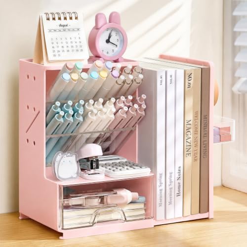 Sooez Desk Organizer with Bookends, Pegboard & Drawer, Pen & Pencil Holder