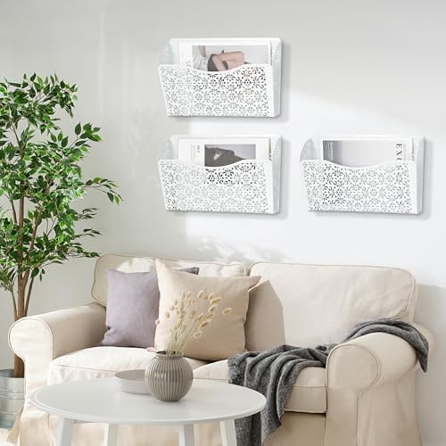 EasyPAG 3 Pack Hollow Design Wall-Mounted File Organizer - Heavy Duty Metal, Vertical Space Saving, Letter Size Single Pocket Holder for Office, Home, School, White