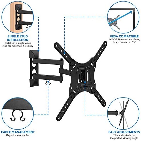 Mount-It! Full Motion Articulating TV Wall Mount for 23–55 Inch LED LCD OLED Flat Screen TVs | Tilt & Swivel Arm Extends 15.6” | VESA 75x75 to 400x400 | 66 lb Capacity | Single Stud Installation