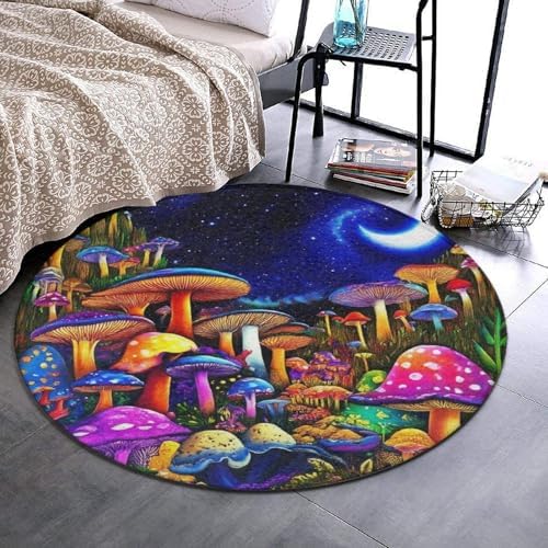 Machine Washable Modern Round Area Rug, Room Sofa Yoga Soft Round Carpet, Home Decor Non Slip Kitchen Office Circle Rug Magic Mushroom Mushrooms Scenery, 36inch