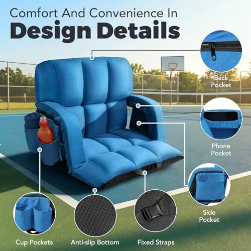 Stadium Seats with Back Support Wide, 4.7" Padded Bleacher Seat, 6-Position Reclining Bleacher Chairs with Back and Cushion, Sofa Style Ergonomic Design for Sports Games Baseball Football (22.5''Blue)