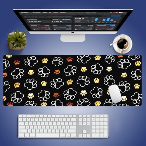 Gold White Pet Paw Large Mouse Pad, Cute Dog Cat Footprint Black Desk Mat