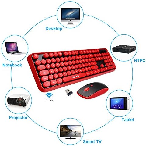 Red Color Keyboard and Mouse Wireless,Retro Typewriter Style Round Keys