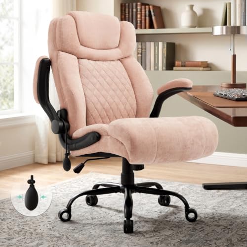 500LBS Big and Tall Executive Office Chair with Adjustable Lumbar Support,Extra Wide Seat Ergonomic Computer Desk Chair Flip-up Arm,Home Office Chair Spring Cushion Upgraded Metal Base, Fabric Pink