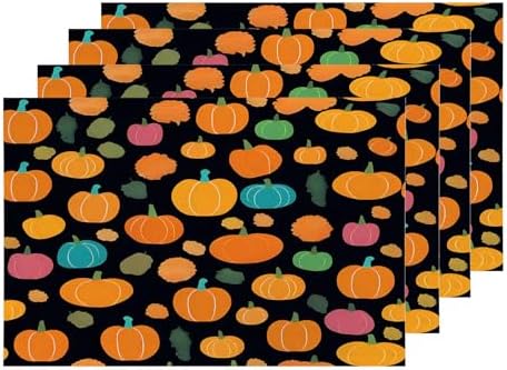 Shrahala Cute Halloween Pumpkins Set Of 4 12 X 18 Inch Linen Placemats , Black Background Pink Blue Tiny Squash Burlap Table Mat Washable Double Layered Heat Insulation For Indoor/Outdoor