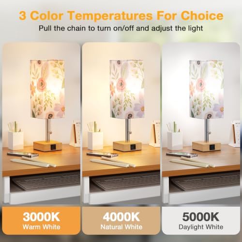 aooshine Flower Small Table Lamp for Bedroom - 3 Color Temperature 3000K 5000K 4000K Bedside Lamp, Pull Chain Control, USB A and C Ports, Bulb Included