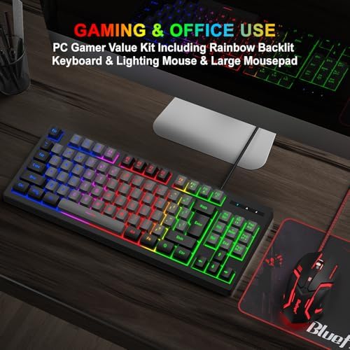 BlueFinger RGB 87 Keys Gaming Keyboard and Backlit Mouse Combo, USB Wired Rainbow Keyboard, Gaming Keyboard Set for Laptop PC Computer Game and Work(Black & Gray)