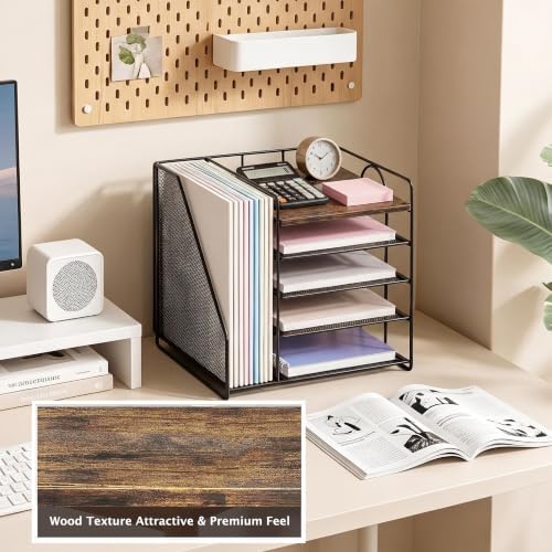 OPNICE Desk Organizer, 5-Tier Paper Organizer Letter Tray, Brown Wood