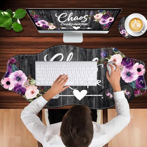 Mouse Pad with Wrist Support + Desk Mat + Coaster 3 in 1 Set, XXL Large Gaming Mousepad Ergonomic Mouse Pads for Desk Computer Laptop Office,Chaos Coordinator Quotes Vintage Watercolor Floral