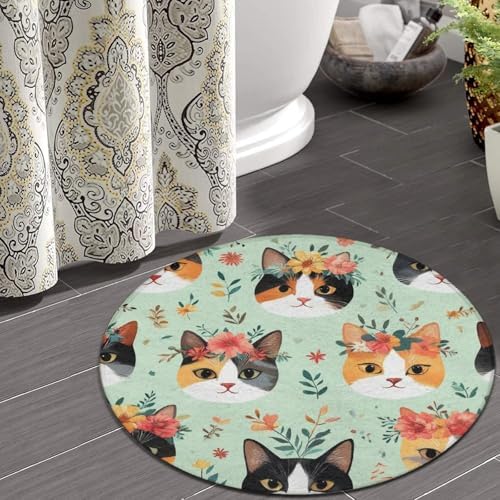 Soft Round Yoga Carpet, Large Home Decor Mat, Non Slip Machine Washable Kitchen Office Circle Rug Cute Cats