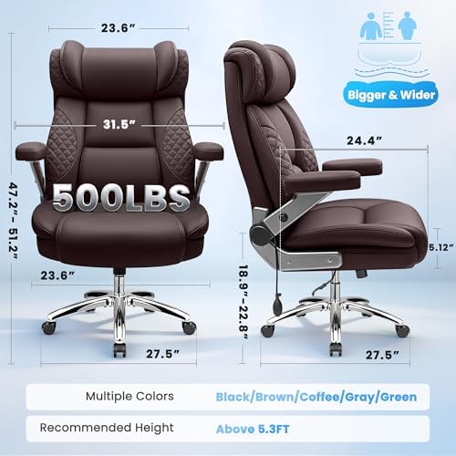 Big and Tall Office Chair for Heavy People, 500LBS Wide Seat Computer Desk Chair, Extra Large Executive Gaming Chair with Adjustable Lumbar Support and 5D Flip Arms, Comfy Heavy Duty Office Chair