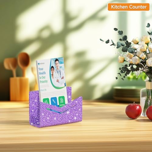 Beego Envelope and Mail Organizer Countertop - Glitter Purple Acrylic Desk Organizer Letter Holder Desktop File Sorter Bill Document Folder Rack for Office, Home, School Desk Organization