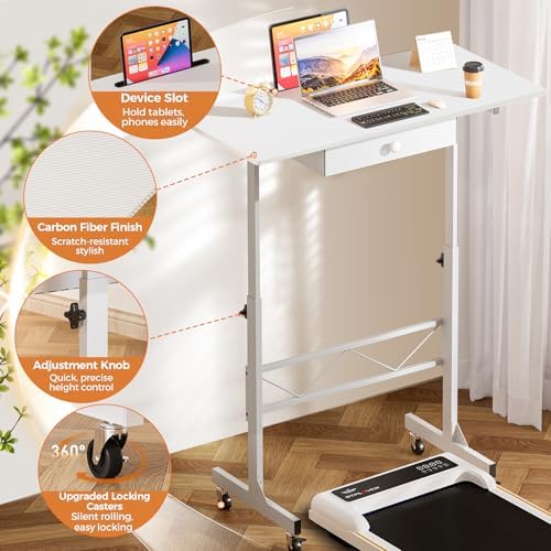 GTPLAYER Small Mobile Standing Desk, 32In Wide Adjustable Height Stand Up Desk for Home Office, Portable Sit Stand Rolling Computer Desk with Wheels Storage Drawer and Slot, Carbon Fiber Style White