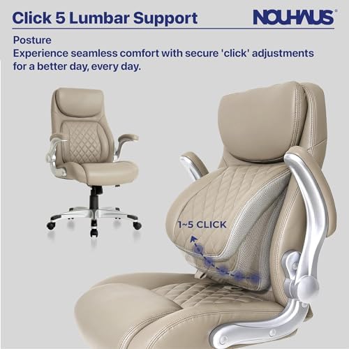 Nouhaus +Posture Ergonomic PU Leather Office Chair. Click5 Lumbar Support with FlipAdjust Armrests. Modern Executive Chair and Computer Desk Chair (Taupe)