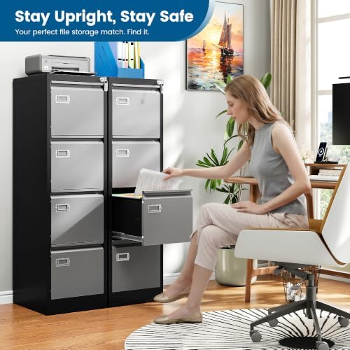 PEUKC 4 Drawer File Cabinet, Vertical Filing Cabinets with Lock, Metal File Cabinets for Home Office, Anti-Tip 4 Storage Drawers for Letter/Legal/A4/F4 Size (Assemble Required, Black)