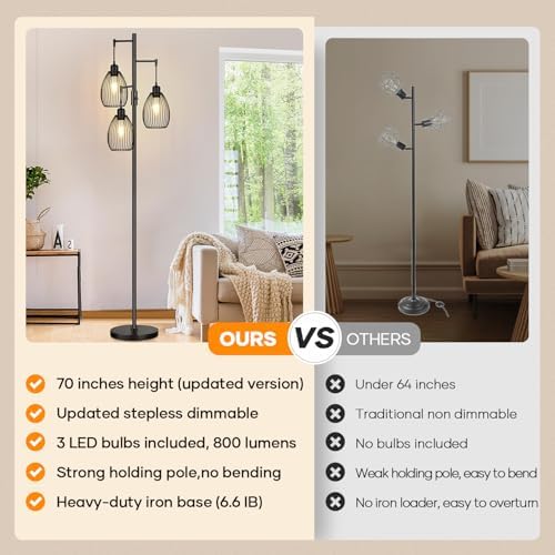 Dimmable Floor Lamp, 3 x 800LM LED Edison Bulbs Included, Farmhouse Industrial Floor Lamp Standing Tree Lamp with Elegant Teardrop Cage Tall Lamps for Living Room Bedroom Office Dining Room-Black